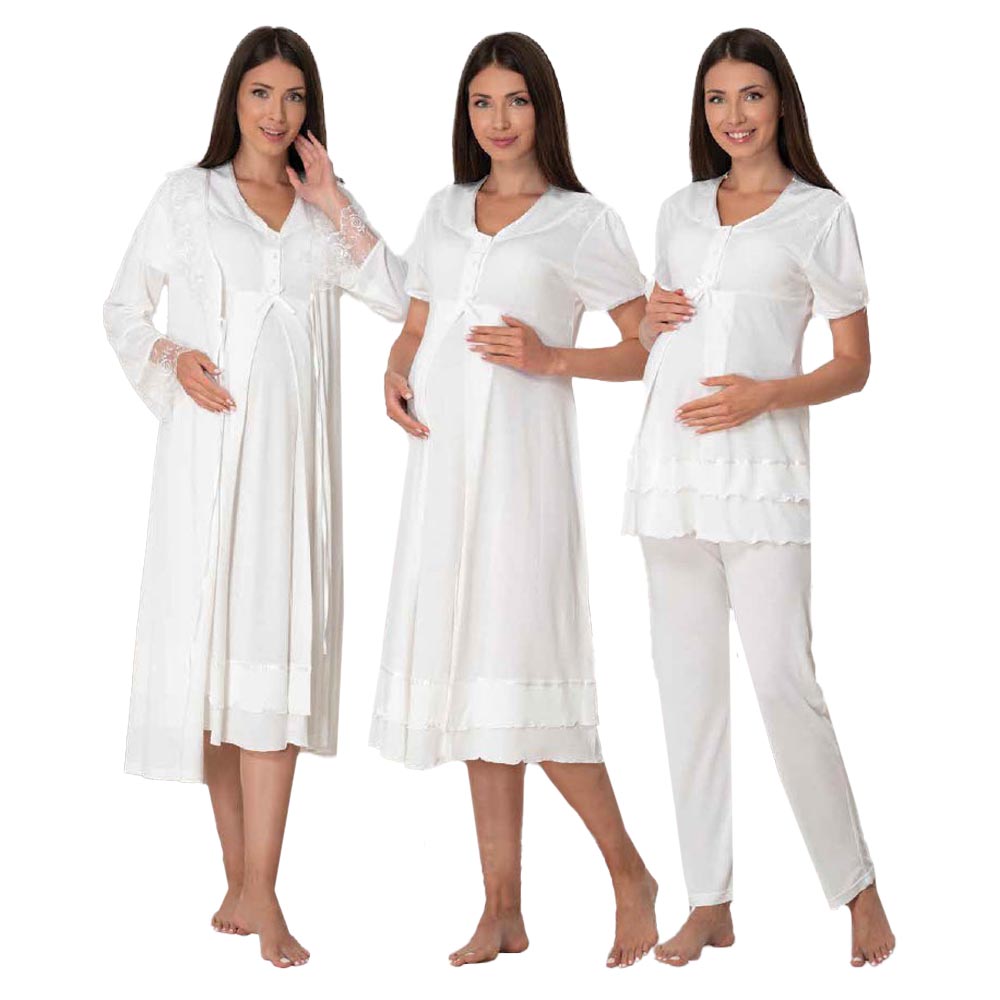 Mini Plum - 4pc-set - Maternity Nightwear & Robe - White