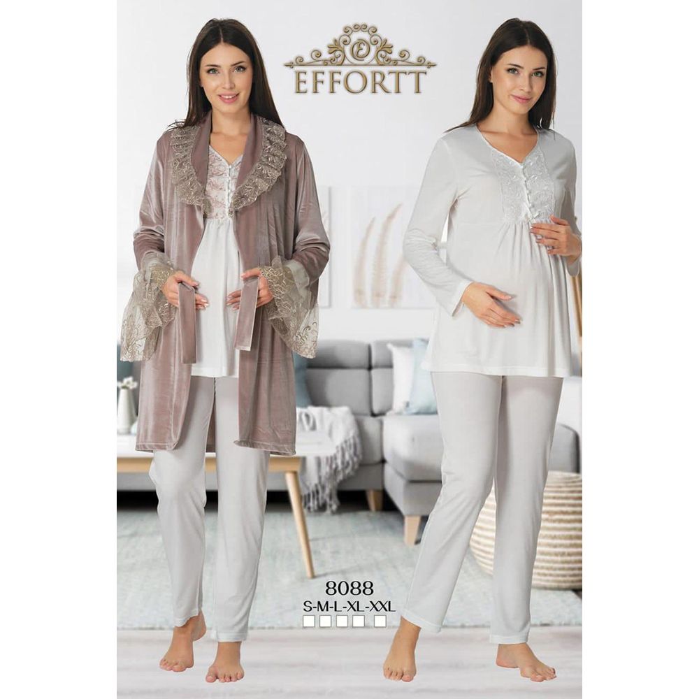 Mini Plum - 3pc-Set - Lace Maternity Pajamas & Robe - Beige