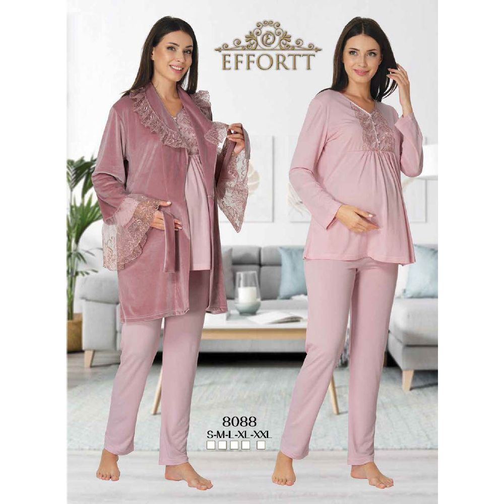 Mini Plum - 3pc-set - Lace Maternity PJ & Robe - Pink
