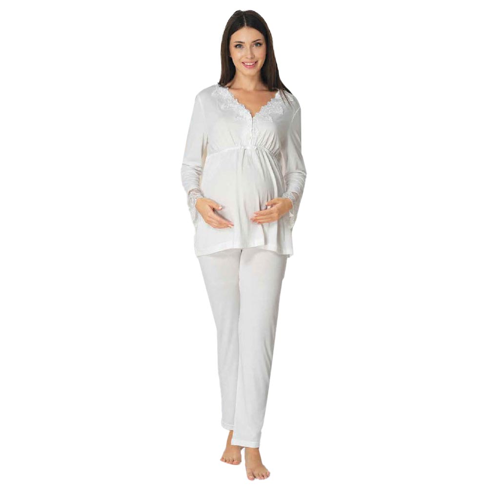 Mini Plum - Maternity Pajamas Set with Lace Details - White