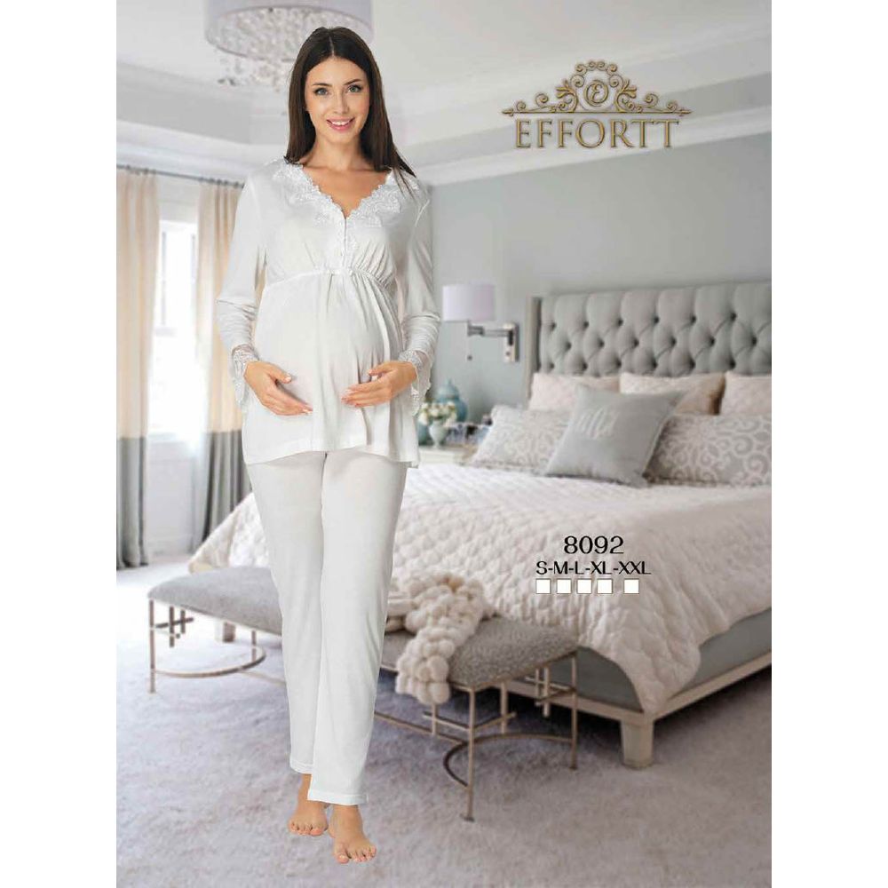 Mini Plum - Maternity Pajamas Set with Lace Details - White