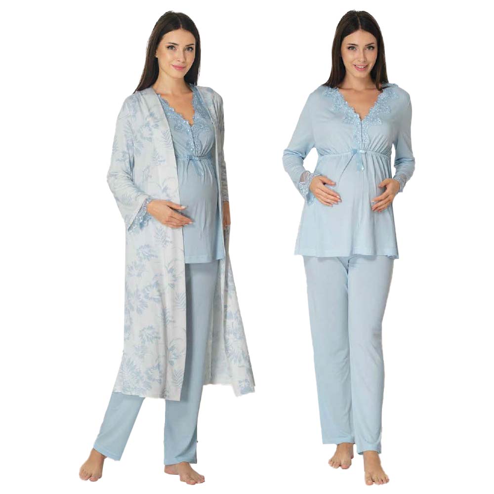 Mini Plum - 3pc-set - Lace Maternity PJ Set with Robe - Blue