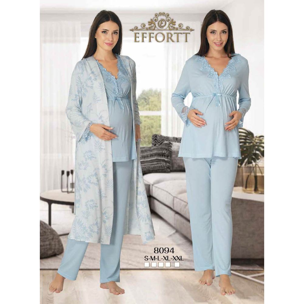 Mini Plum - 3pc-set - Lace Maternity PJ Set with Robe - Blue