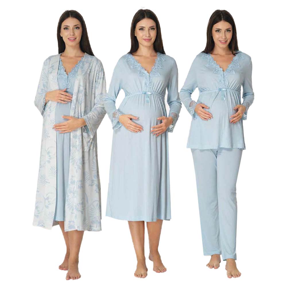 Mini Plum - 4pc-set - Maternity Nightwear with Printed Robe - Blue
