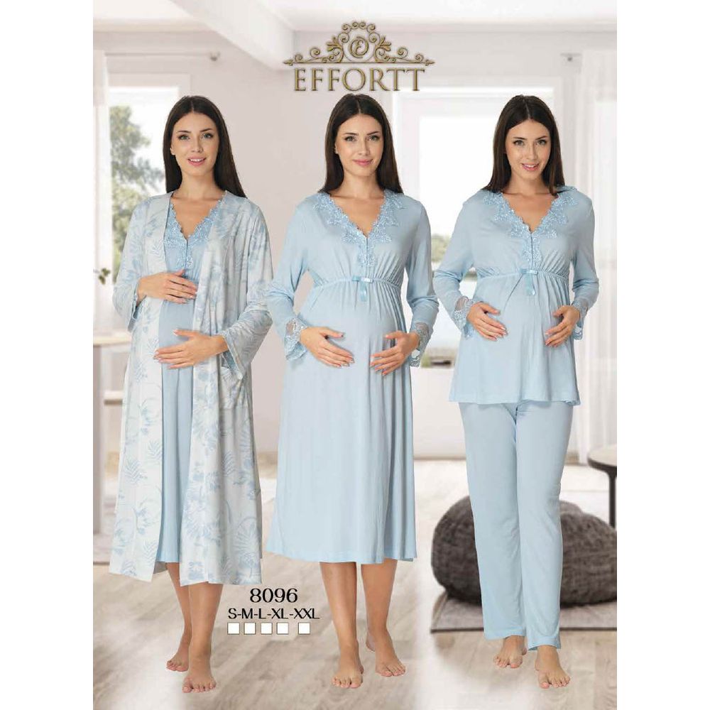 Mini Plum - 4pc-set - Maternity Nightwear with Printed Robe - Blue