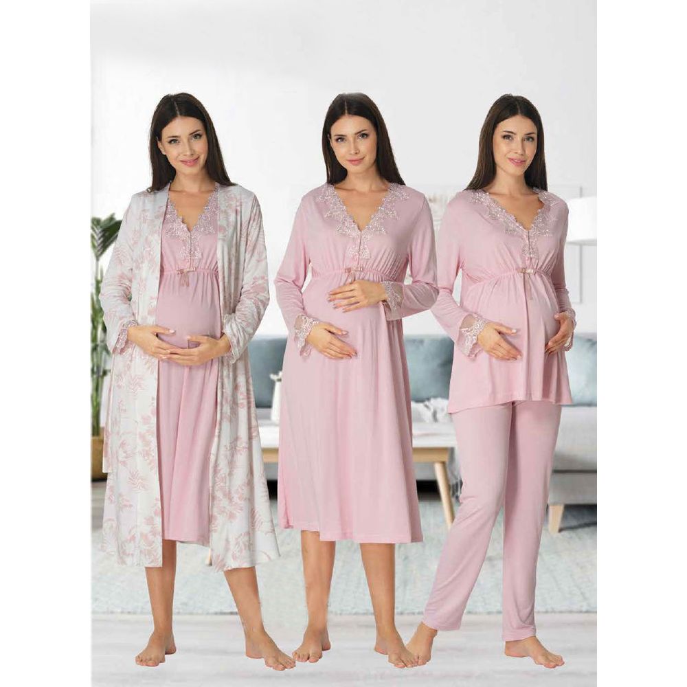 Mini Plum - 4pc-set - Maternity Nightwear with Printed Robe - Pink