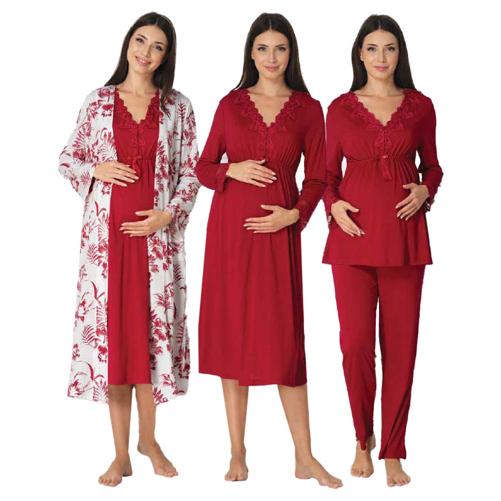 Mini Plum - 4pc-set - Maternity Nightwear with Printed Robe - Red