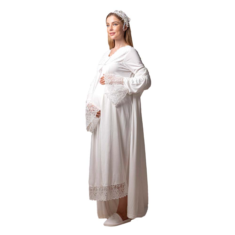 Mini Plum - 2pc-set - Lace Maternity Nightie with Robe - White