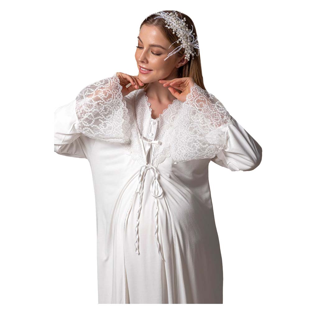 Mini Plum - 2pc-set - Lace Maternity Nightie with Robe - White