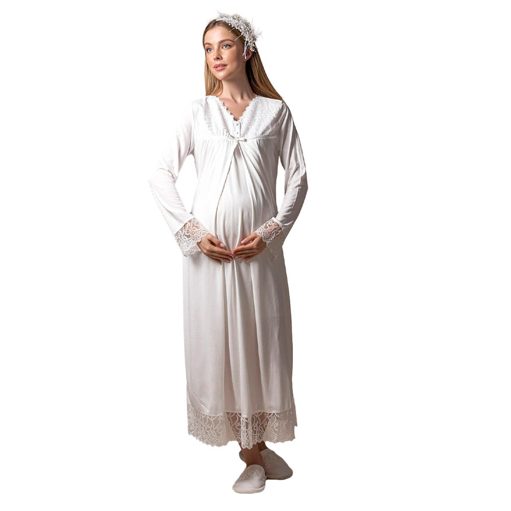 Mini Plum - 2pc-set - Lace Maternity Nightie with Robe - White