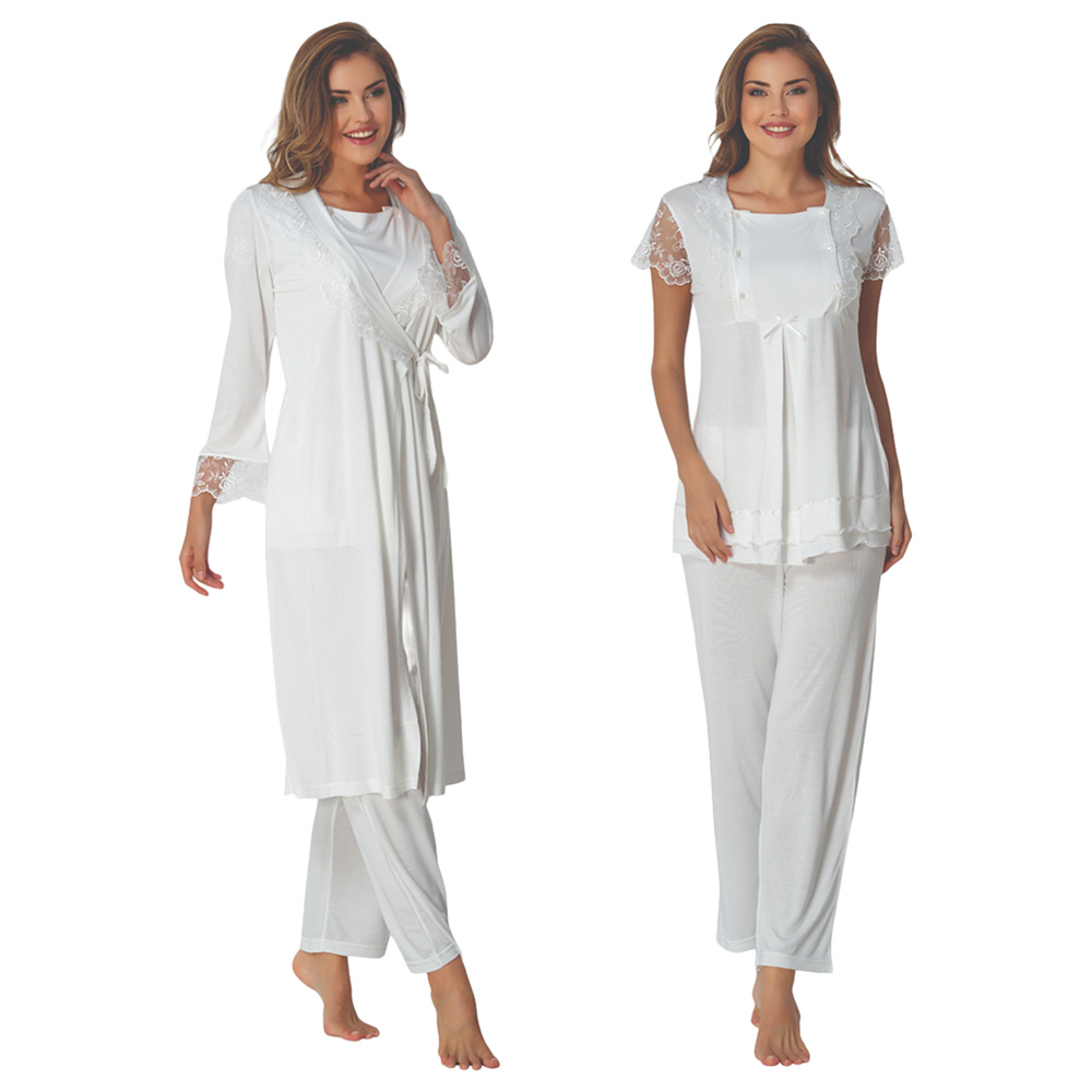 Mini Plum - 3pc-Set - Maternity Pjyamas with Lace Sleeves - White