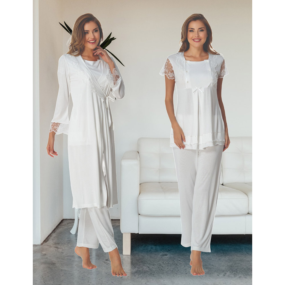 Mini Plum - 3pc-Set - Maternity Pjyamas with Lace Sleeves - White