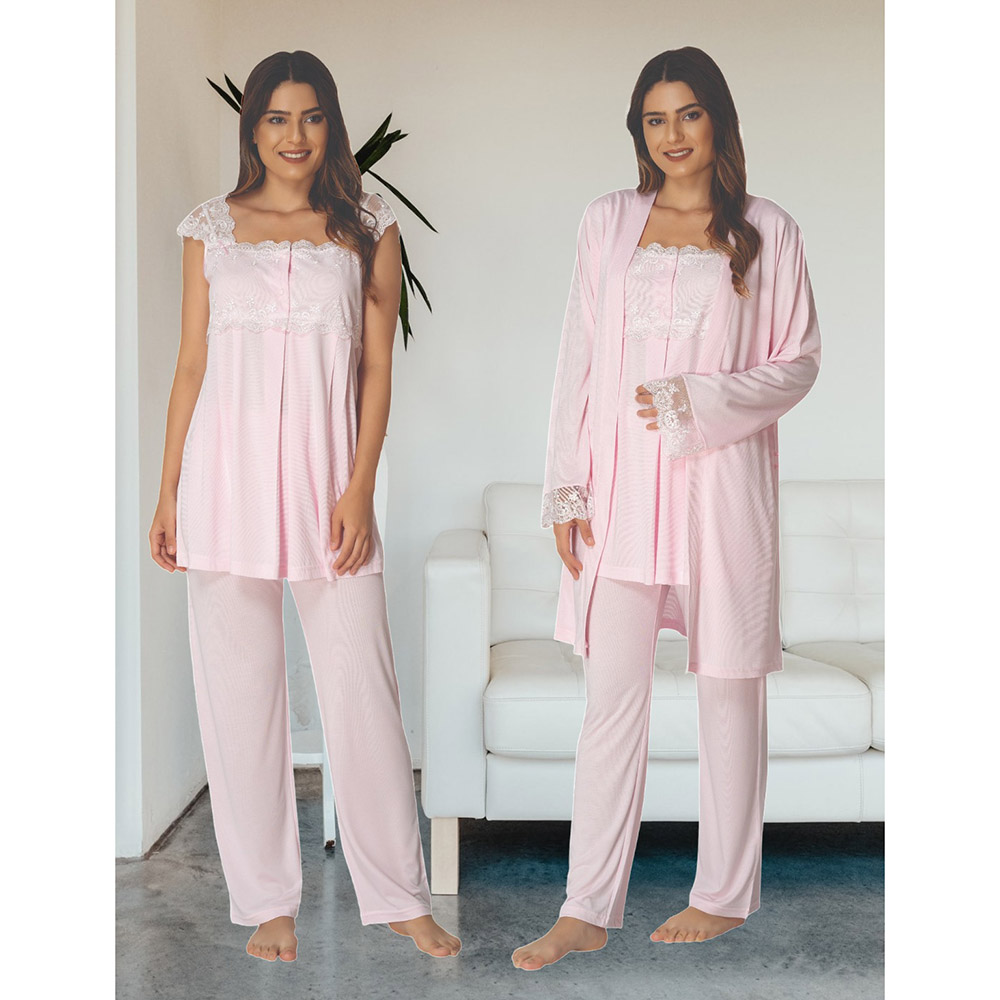Mini Plum - 3pc-Set - Maternity Pjyamas with Lace Neckline - Pink