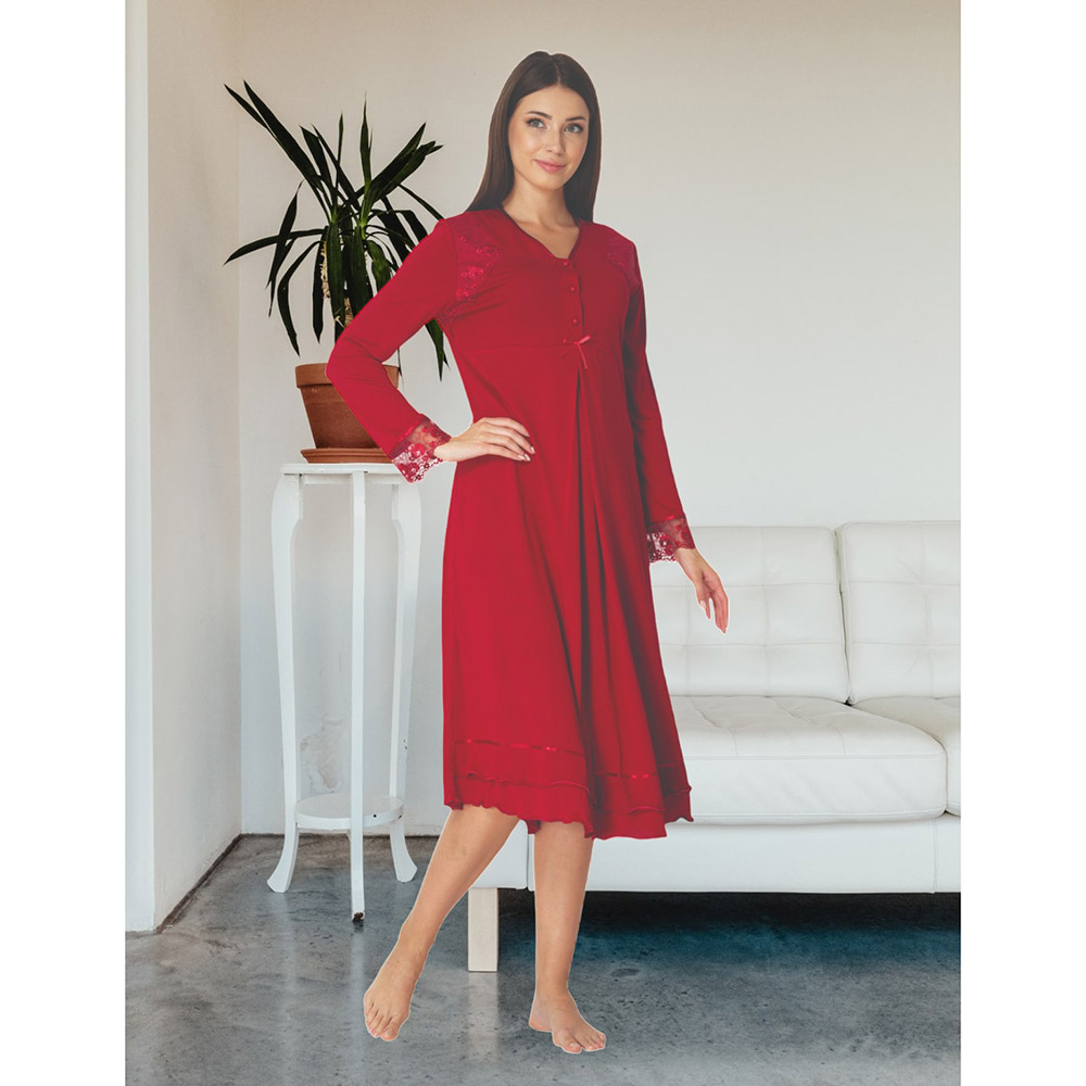 Mini Plum - Maternity/Breastfeeding Nightie with Lace Sleeves - Red